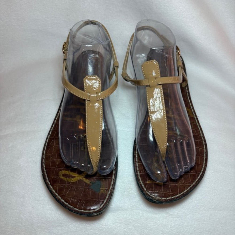 Sam Edelman Gigi Flat Sandals Tan Patent Leather Croc Embossed T-Strap Size 10